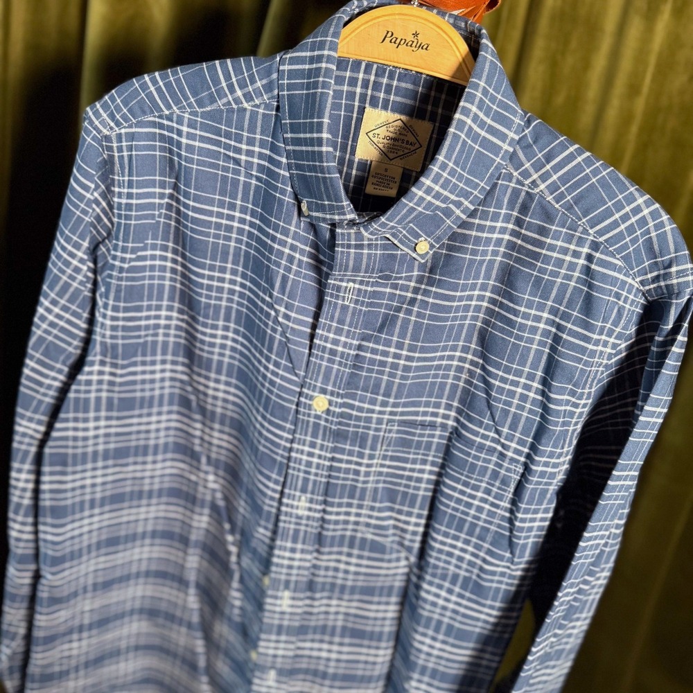 Easy Care St. John's Bay Mens Small Blue Grid Button Down Shirt Long Sleeve S‎